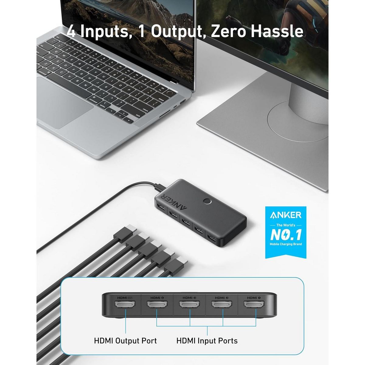 Anker HDMI Switch, 4 in 1 Out 4K@60Hz HDMI Switcher with Remote Selector - thumbnail 2