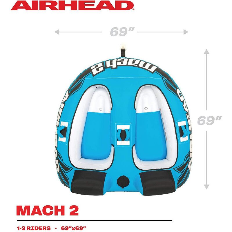 Airhead AHM2-2 Mach 2 Inflatable Two Rider Cockpit Lake Water Boating Towable Tube in Blue with Tow Point, Speed Safety Valve, and Handles, 3 of 7