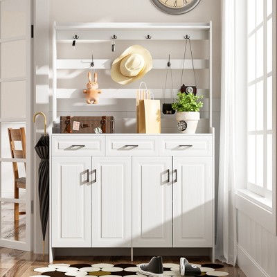 VYNXARIA 51.2'' Minimalist Four-Door Shoe Cabinet with Coat Rack & Storage Drawers