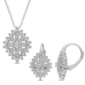 EVERLY JEWELRY | Sterling Silver 1/2 CT TDW Diamond Cluster 2-PC Leverback Earrings and Necklace Set - 1 of 4
