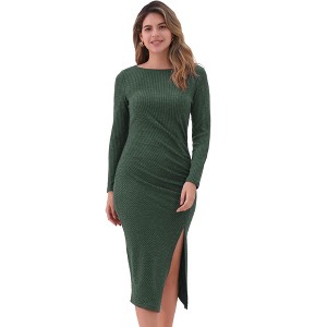 INSPIRE CHIC Women's Fall Casual Long Sleeve Round Neck Ruched Slit Fitted Midi Dress - 1 of 4