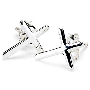 Baptism Pair Of Traditional Crosses In Shiny Silver-Plated Stud Post Earrings - 1 of 2
