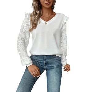 Women's V Neck Long Sleeve Top with Lace Ruffle Sleeves Casual Blouse - 1 of 4