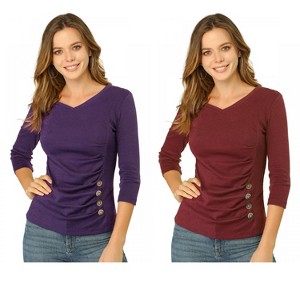 INSPIRE CHIC Women's V Neck 3/4 Sleeves Solid Knitted Buttons Decor Ruched Blouse 2 Packs - 1 of 4