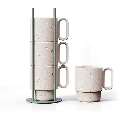 Stackable Off-White Ceramic Coffee Mugs with Green Metal Stand
