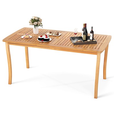 Tangkula 63" Outdoor Dining Table w/ Umbrella Hole Slatted Tabletop for Backyard