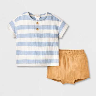 Baby Boys' Striped Henley Gauze Shorts Set - Cat & Jack™ Blue