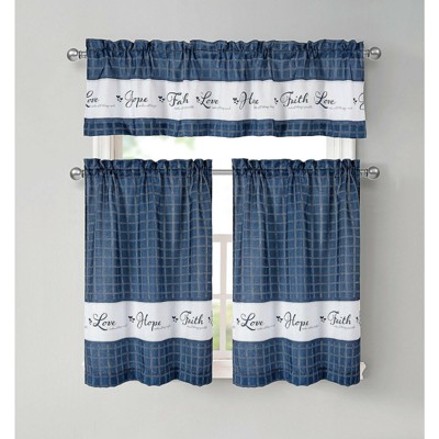 Kate Aurora Country Living Gingham Check Hope Faith Love 3 Pc Cafe Kitchen Curtain Set