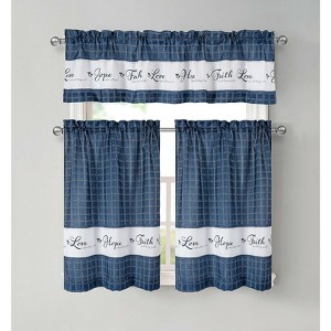 Kate Aurora Country Living Gingham Check Hope Faith Love 3 Pc Cafe Kitchen Curtain Set - 1 of 4