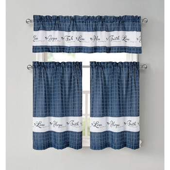 Kate Aurora Country Living Gingham Check Hope Faith Love 3 Pc Cafe Kitchen Curtain Set