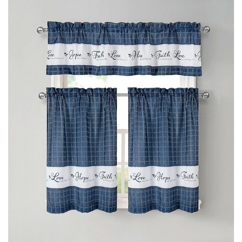 Kate Aurora Country Living Gingham Check Hope Faith Love 3 Pc Cafe Kitchen Curtain Set, 1 of 8