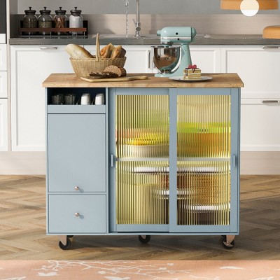 Kitchen Island with Drop Leaf and LED Light, Kitchen Island Cart with 2 Fluted Glass Doors, 1 Flip Cabinet Door and 2 Drawers - ModernLuxe