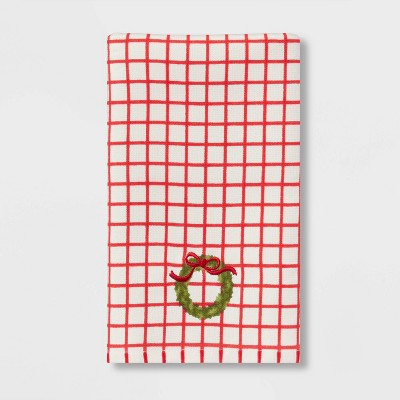 Checked Wreath Embroidered Holiday Flat Woven Hand Towel Red Grid - Threshold™