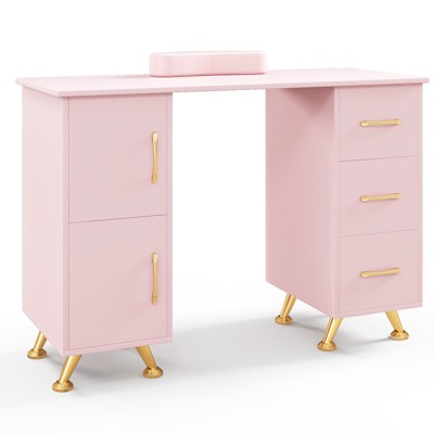 Costway Wooden Nail Desk Station with Removable Wrist Rest Metal Legs & 3 Drawers, 2 Cabinets White/Pink/Black