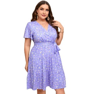 Plus Size Women's V Neck Short Sleeve Dress with Belt Flowy Casual Summer Day Dress - 1 of 4