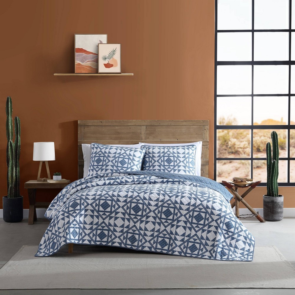 Photos - Duvet Wrangler 3pc Full/Queen Phoenix Pa Thread Counthwork Quilt Set Navy: Geometric Coverlet with Shams, Machine Washable 