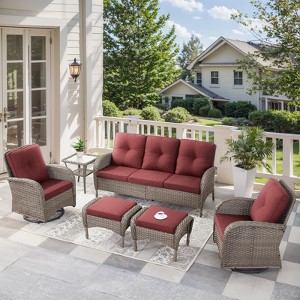 Outdoor 3-Seat Sofa Swivel Chair Table with Ottomans - 1 of 4