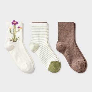 Women's Cactus 3pk Mid Crew Socks - A New Day™ Ivory/Green/Brown 4-10 - 1 of 3