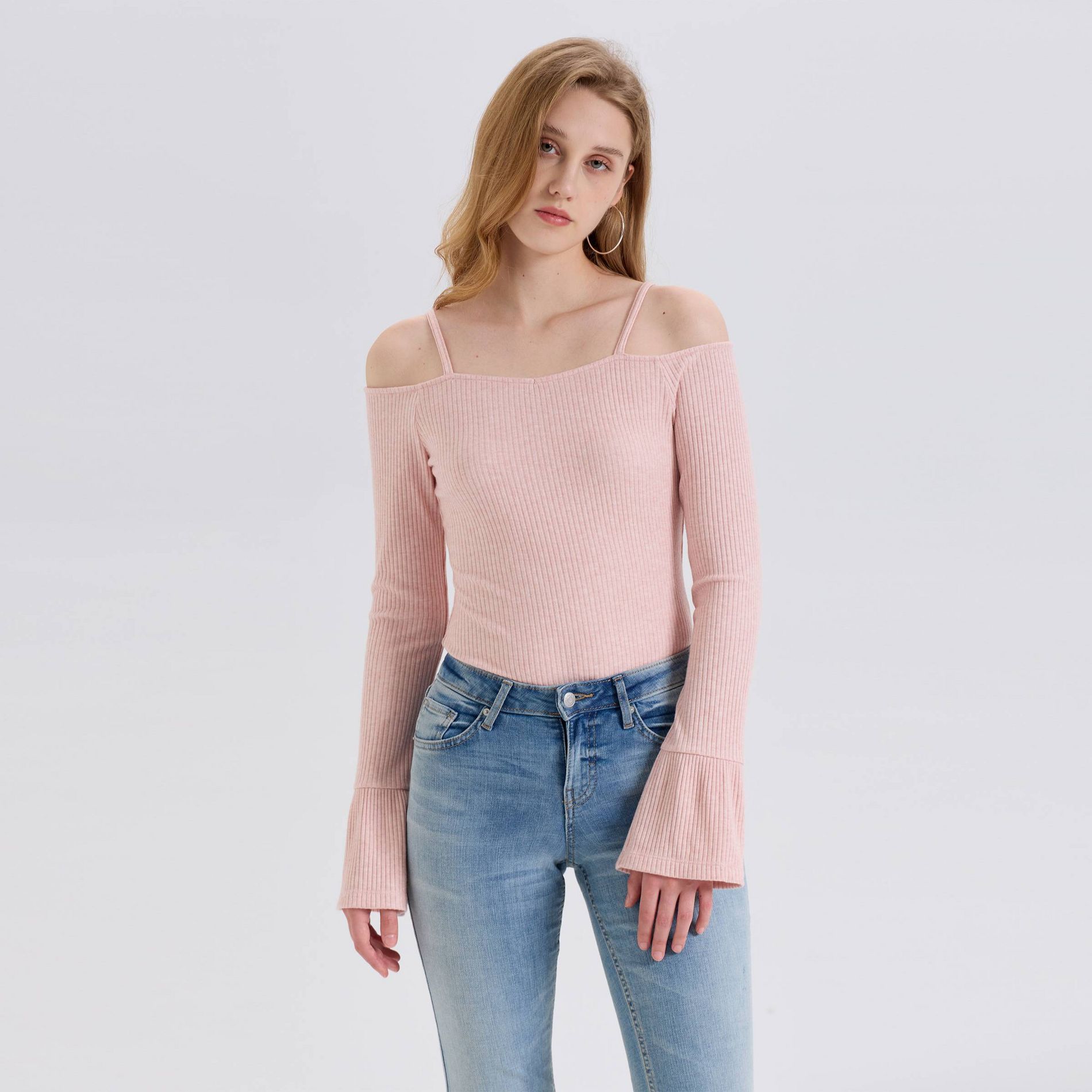 Women's Bell Long Sleeve Rib-Knit Cold Shoulder Top - Wild Fable™ Pink M