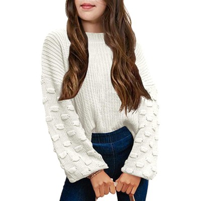 Girls Crewneck Knit Pullover Sweaters Long Lantern Sleeve Oversized Knit Cute Jumper Tops