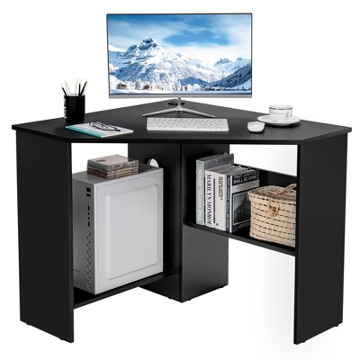 Costway Corner Computer Desk Triangle Writing Workstation w/ Storage Shelf Black