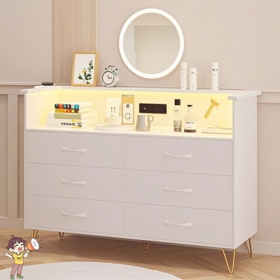 Jojoka Modern 6 Drawer Dresser with Power Outlets, LED Light Strip, and Steel Frame, Storage Chest for Bedroom or Hallway