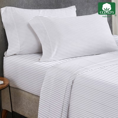 Queen Pinstripe White and Gray Cotton Deep Pocket Sheet Set