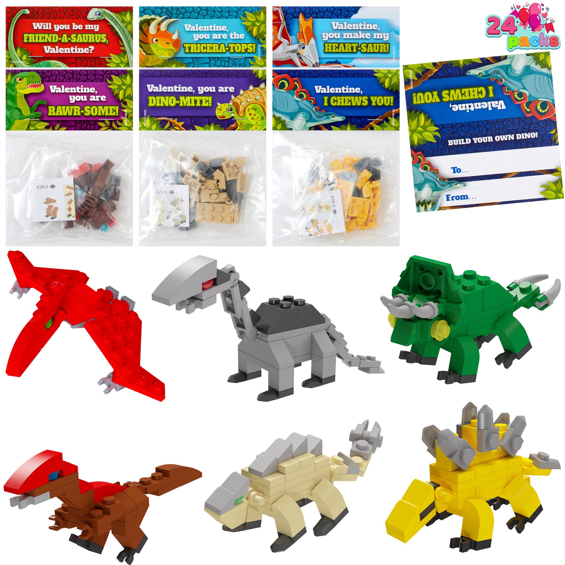 Joyfy 24 Packs Valentines Day Cards with Dinosaur Building Blocks for Valentine Party Favor, Classroom Exchange Prize, Valentine’s Greeting Cards