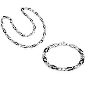 Steeltime 24" and 8.5" Men's two tone stainless steel figaro chain set. Color Option: Silver/Gold, Silver/Black, Black/Gold - 1 of 4
