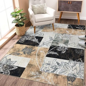 Acekool 5x7 Machine Washable Abstract Geometric Area Rug, Non-Slip, Low Pile, Non-Shedding Brown Carpet for Living Room, Bedroom - 1 of 4
