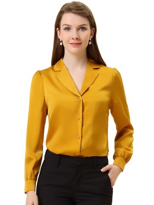 Allegra K Women's Elegant Collar V Neck Long Sleeve Work Office Satin Button Down Shirt