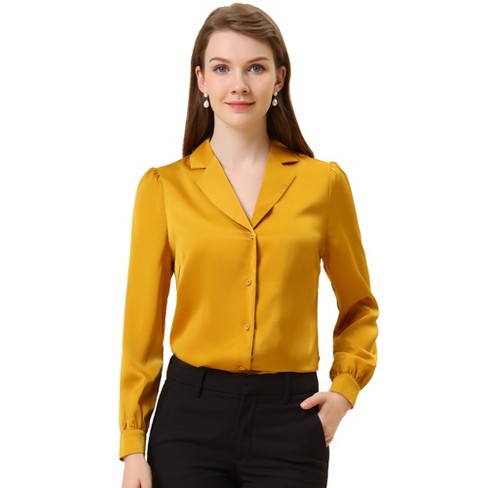 Allegra K Women's Elegant Collar V Neck Long Sleeve Work Office Satin  Button Down Shirt Yellow X-large : Target