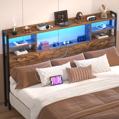 Aheaplus Headboard with Storage shelves and Charging Station, Wood Headboard with LED Light