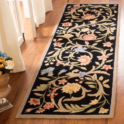 Handmade Black Floral Wool Reversible Rectangular Rug, 2'6" x 4'