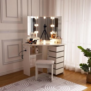 coucheta Makeup Vanity Desk Set with Lights & Power Outlet Corner, with 5 Rotating Drawers 3 Lighting Modes Brightness Adjustable for Bedroom - 1 of 4