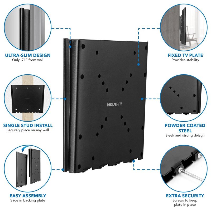 Mount-It! Low-Profile Fixed TV Wall Mount w/ Removable Plate | Flush Wall Mounting Bracket Fits 23" - 42" Screens Up To VESA 200x200 mm, 66 Lbs. Cap., 5 of 10