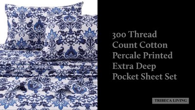 Twin XL White Floral Cotton Percale Deep Pocket Sheet Set