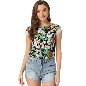 Allegra K Women's Summer Boat Neck Lace Cap Sleeve Hawaiian Tropical Floral Blouse - 1 of 4