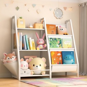 Vynxaria Bookshelf Series 24 in. Wide White Metal 3-Shelf Kids Bookcase with Extra Pocket and Side Pockets - 1 of 4