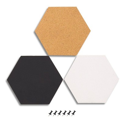 Juvale 3-Pack Cork Bulletin Boards - Hexagonal Decorative Tiles in 3 with 6 Pins