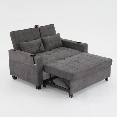 Racxily 3 in 1 Convertible Sleeper Sofa Bed, 2 Seat Futon Chair, Lounge Beds with USB Ports, Pull Out Armchair w/ Adjustable Backrest, Dark Grey