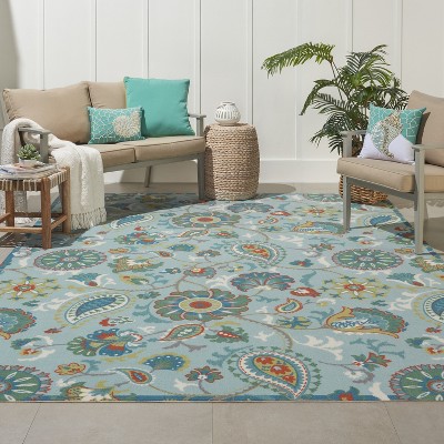 Light Blue Floral Synthetic Indoor/Outdoor Area Rug 7'9" x 10'10"