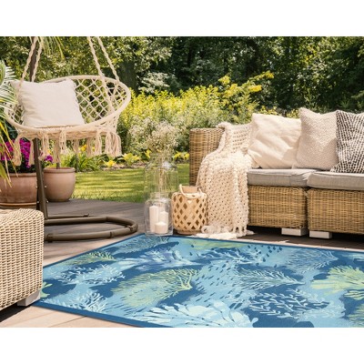 Blue Flat Woven Synthetic Rectangular Indoor/Outdoor Rug