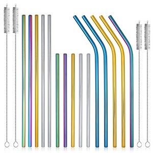 12 Pcs Stainless Steel Straws, Reusable Straws Drinking Straws, Long Short Metal Straw with 4 Cleaning Brush for Smoothie, Milkshake, Cocktail - 1 of 4