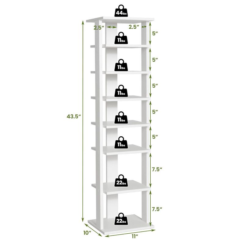 Tangkula 7-Tier Wooden Shoe Rack Narrow Vertical Shoe Stand Storage Display Shelf White, 4 of 11