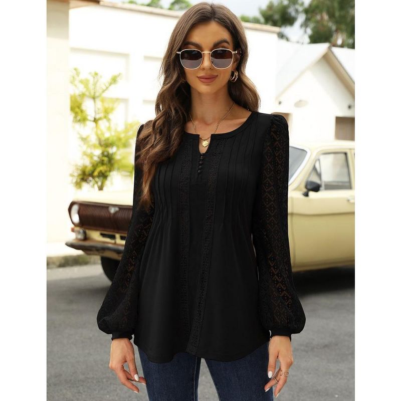 Women’s Crewneck Lace Crochet Eyelet Tops Long Sleeve Pleated T Shirts Casual Tunic Blouses, 1 of 7