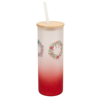 Elanze Designs 25 Ounce Frosted Glass Gradient Travel Tumbler With Straw and Wooden Lid, Christmas Bow Wreaths Red