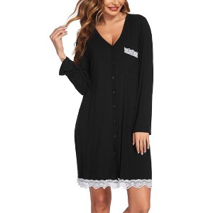 Ekouaer Women Striped Nightgowns Long Sleeve Button Down Sleepshirts Comfy Sleep Shirt - 1 of 4