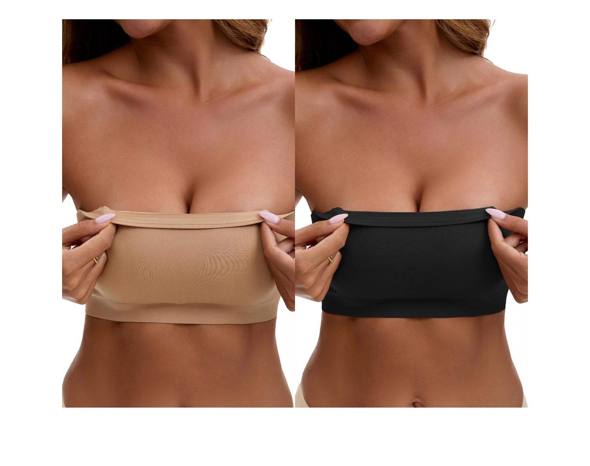 INSPIRE CHIC Women's Strapless Seamless Push Up Wirefree Padded Bandeau Non-Slip Silicone Tube Bras 2 Packs 1 Black+1 Khaki Medium
