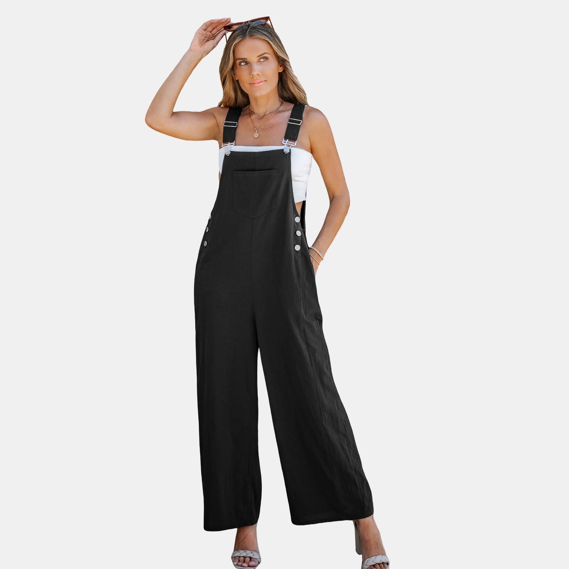 Women's Black Wide-Leg Overalls with Square Neckline - Cupshe
